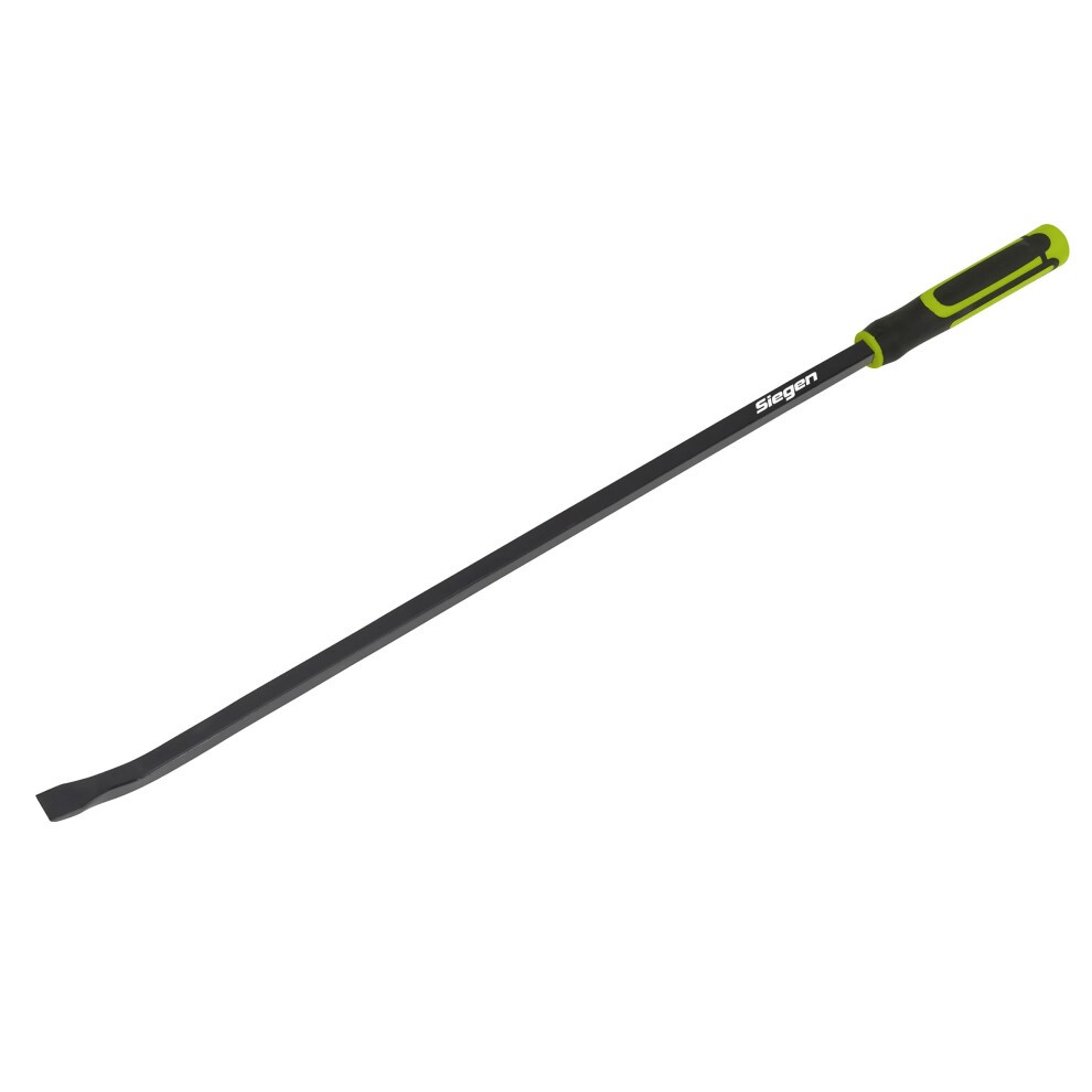 Heavy-duty 900mm pry bar with a 25° angled end, featuring a black steel shaft and a green rubber grip handle for enhanced comfort and control.