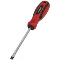 Red and black Sealey slotted screwdriver with a 5mm wide, 100mm long steel shaft and ergonomic handle.