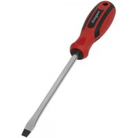 Red and black-handled Sealey slotted screwdriver with a 150mm silver shaft and flat tip.
