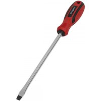 Red-handled Sealey slotted screwdriver, 8 x 200mm, with a long silver shaft and black flathead tip.