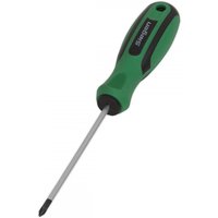 Green and black Sealey screwdriver with Pozi #0 tip and 75mm shaft, ergonomic handle design.