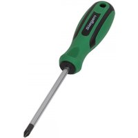 Green-handled Sealey screwdriver Pozi #2 with a 100mm steel shaft and black grip accents.