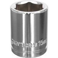 Chrome Sealey Walldrive socket, 15mm size, 3/8in square drive, cylindrical shape with engraved branding.