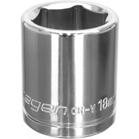 Chrome Sealey Walldrive socket, 18mm, 3/8in square drive, engraved with size and brand, cylindrical and shiny.