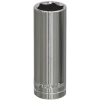 Sealey S0594 Walldrive socket, 16mm deep, 3/8in square drive, shiny silver finish, cylindrical shape.