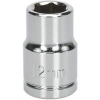 Silver Sealey Walldrive socket, 12mm, 1/2in square drive, with engraved size marking and smooth chrome finish.