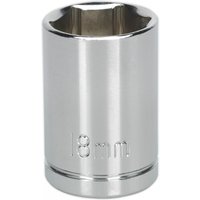 Sealey S0656 Walldrive® Socket, 18mm, 1/2inSq drive, shiny silver finish with engraved size marking.