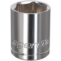 Silver Sealey Walldrive® socket, 21mm size, 1/2in square drive with engraved text and shiny finish.