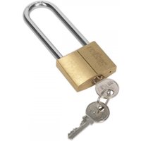 Brass Sealey padlock with long shackle and brass cylinder, includes two silver keys.