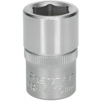 Silver Sealey Walldrive socket, 15mm, 1/2in square drive, with knurled grip and engraved size markings.