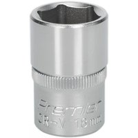 Sealey S1218 Walldrive socket, 18mm, 1/2in square drive, silver chrome finish with engraved text and knurled grip.