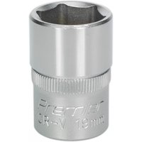 Silver Sealey Walldrive® socket, 19mm, 1/2in square drive, with knurled grip and engraved branding.