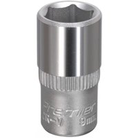 Silver Sealey Walldrive socket, 9mm, 1/4in square drive, with a ribbed grip and smooth, polished finish.