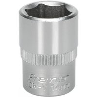 Silver Sealey Walldrive® socket, 14mm size, 3/8in square drive, with knurled grip and engraved text.