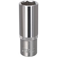 Sealey S3816D Walldrive socket, 16mm deep, 3/8in square drive, silver metallic finish with knurled grip section.