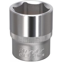 Silver Sealey Walldrive socket, 19mm, 3/8in square drive, chrome finish with textured grip and engraved size marking.
