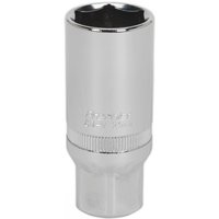 Sealey S38SP14 spark plug socket, 21mm, 3/8in square drive, chrome finish, knurled grip near base.
