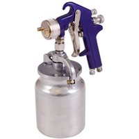 Sealey S717 Suction Feed Spray Gun with blue handle, silver nozzle, and attached metal paint cup.