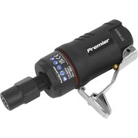 Black Sealey mini air die grinder with silver lever, textured grip, and red accent ring.