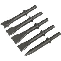 Sealey air hammer chisel set, 5-piece, black steel, 120mm length, .401in shank, various chisel head shapes.
