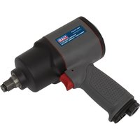 Black and gray Sealey air impact wrench with red trigger and ergonomic grip handle.