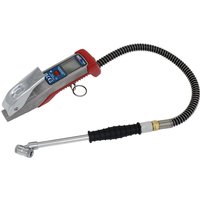 Sealey digital tyre inflator with red accents, LCD screen, and flexible hose with metal nozzle.