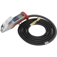 Sealey SA375 digital tyre inflator with red grip, LCD screen, and coiled black hose with brass fittings.