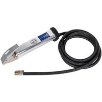 Sealey SA396 tyre inflator, silver with black hose and clip-on connector, blue label on handle.
