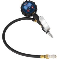 "Sealey SA400 digital tyre inflator with black hose, clip-on nozzle, and round blue LCD gauge with buttons"