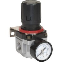 Sealey SA4001R air regulator with black knob, red ring, silver body, and attached pressure gauge.