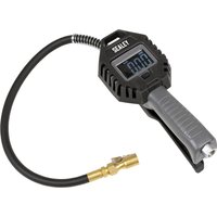 Black and gray Sealey digital tyre inflator with rechargeable clip, LCD screen, and flexible hose with brass connector.