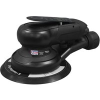 Black Sealey orbital air sander with ergonomic handle and 150mm dust-free sanding pad.