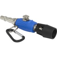 Blue and silver Sealey mini air blow gun with Venturi tip, black nozzle, and attached metal carabiner clip.