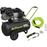 Black Sealey air compressor with green handles, 100L tank, hose, and accessory kit including nozzles and connectors.
