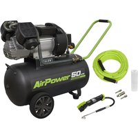 Sealey SAC5030VE black air compressor with green handle, 50L tank, hose, and accessory kit including nozzles.