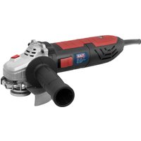 Black and red Sealey SAG101 angle grinder with side handle and 100mm disc.
