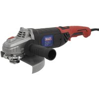 Black and red Sealey SAG125 angle grinder with 230mm disc and side handle.