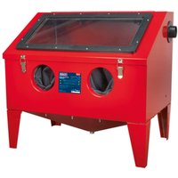 Red Sealey sand blasting cabinet with clear top window, dual glove ports, and bench mount design.