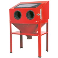 Red Sealey floor-standing sand blasting cabinet with viewing window and dual glove ports.