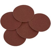 Brown Sealey sanding discs, 125mm, adhesive backed, circular shape, textured surface, arranged in a fan shape.