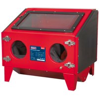 Red Sealey SB970 sand blasting cabinet with dual access doors, clear top window, and black side panels.