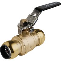 Brass Sharkbite ball valve with black lever handle and 15mm push-fit connections.