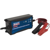 Black Sealey SBC6 battery charger with blue label, red and black clamps, and coiled cables.