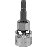 Sealey SBH008 hex socket bit, 5mm, 3/8in square drive, shiny chrome finish with knurled grip.