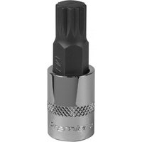 Sealey SBS009 spline socket bit M12, 3/8in square drive, silver chrome finish with black spline tip.