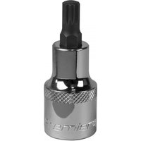 Sealey SBS013 spline socket bit, silver chrome finish, M8 size, 1/2in square drive, knurled grip, black spline tip.