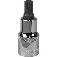 Sealey SBS014 spline socket bit, M9 size, 1/2in square drive, chrome finish with knurled grip and black spline tip.