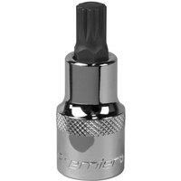 Sealey SBS015 spline socket bit, M10 size, 1/2in square drive, chrome finish with knurled grip and black spline tip.