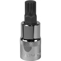 Sealey SBS016 spline socket bit M12 with 1/2in square drive, chrome finish, knurled grip, and black spline tip.