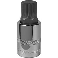 Sealey SBS019 spline socket bit, M18 size, 1/2in square drive, silver with knurled grip and engraved branding.